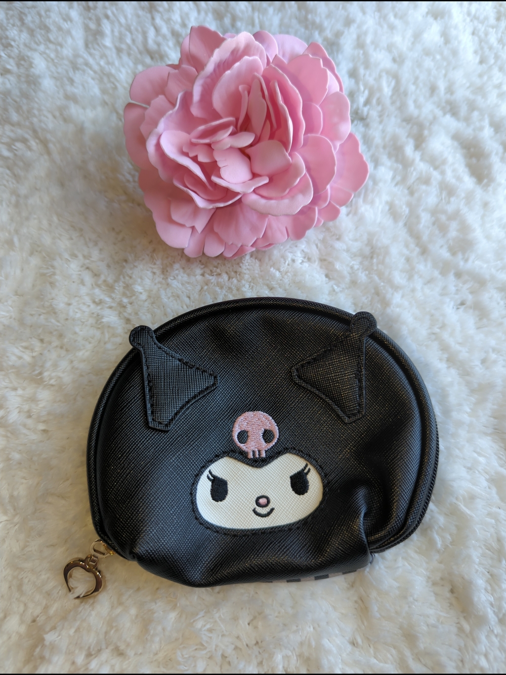 Sanrio Kuromi Character Lavender Satin Pouch Interior with Gold Chain Accent
